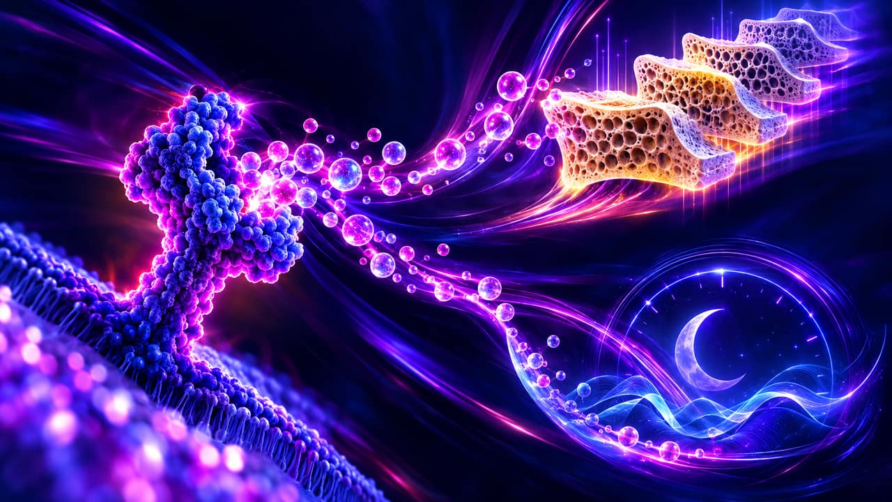Abstract violet light trails forming a cascading signal pattern representing growth hormone pathway activation